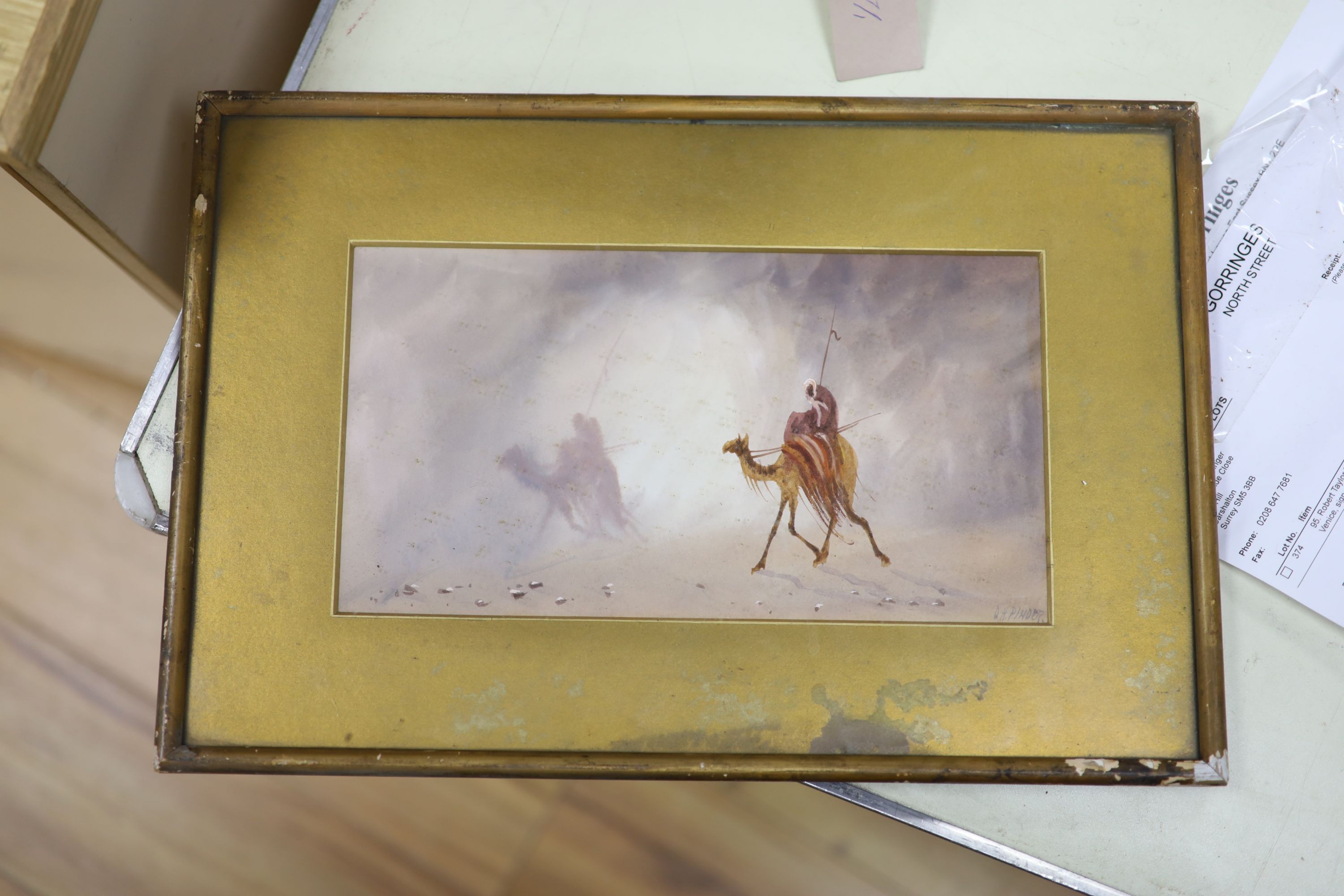 Douglas Houzen Pinder (1886-1949), watercolour, Camel riders in the desert, signed, 14 x 27cm. Condition - fair